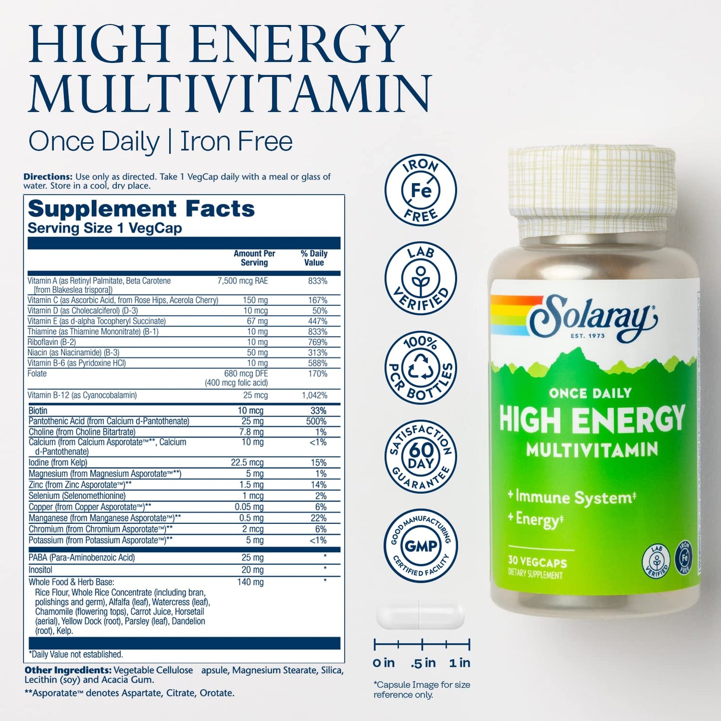 SOLARAY Once Daily High Energy Multivitamin – Iron Free, Immune Support, 30 Servings