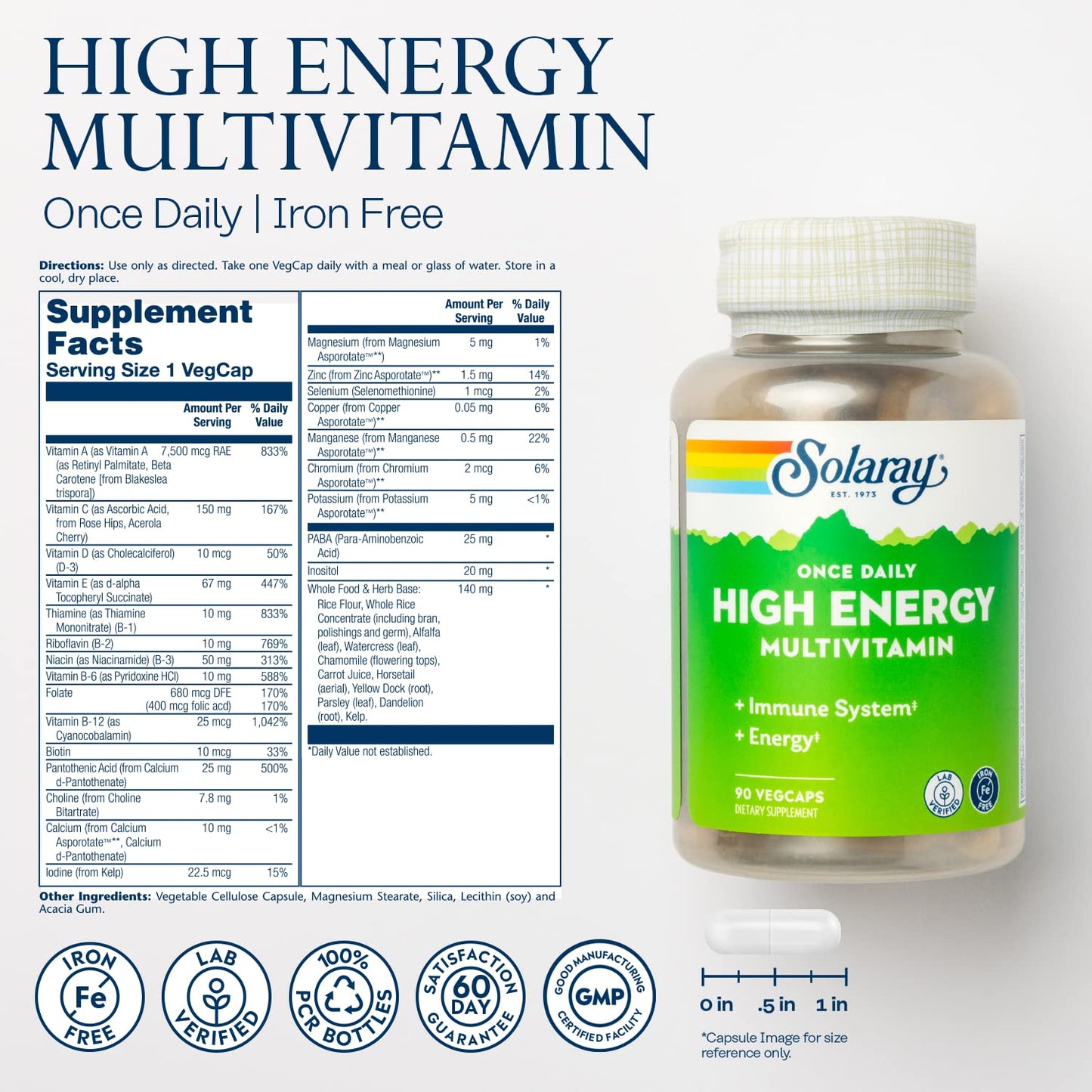SOLARAY Once Daily High Energy Multivitamin - Iron Free, Immune & Energy Support | 90 Servings