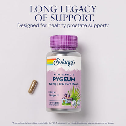 SOLARAY Pygeum Bark Extract 100mg – Prostate Support, 13 mg Plant Sterols, Vegan, 30 Servings, 60-Day Guarantee