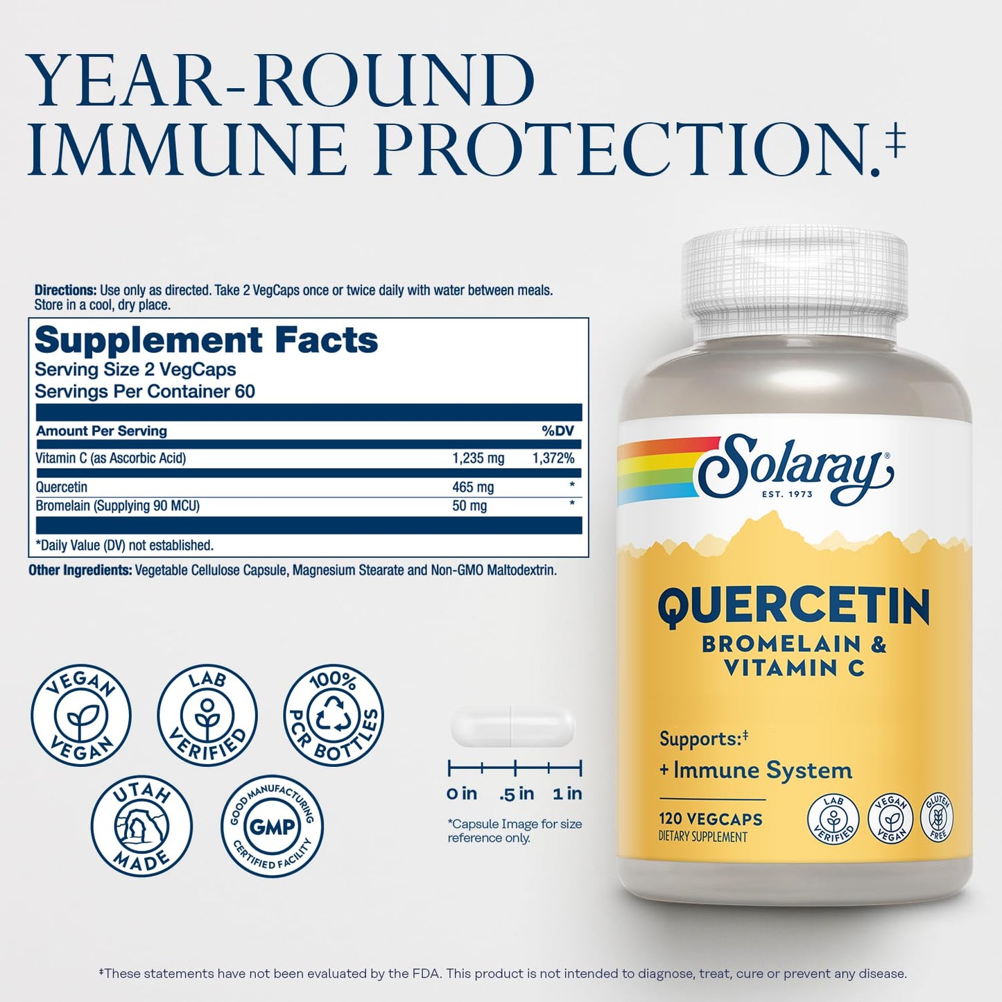 SOLARAY Quercetin with Bromelain & Vitamin C – Immune Support, Heart Health | Vegan, 60 Servings