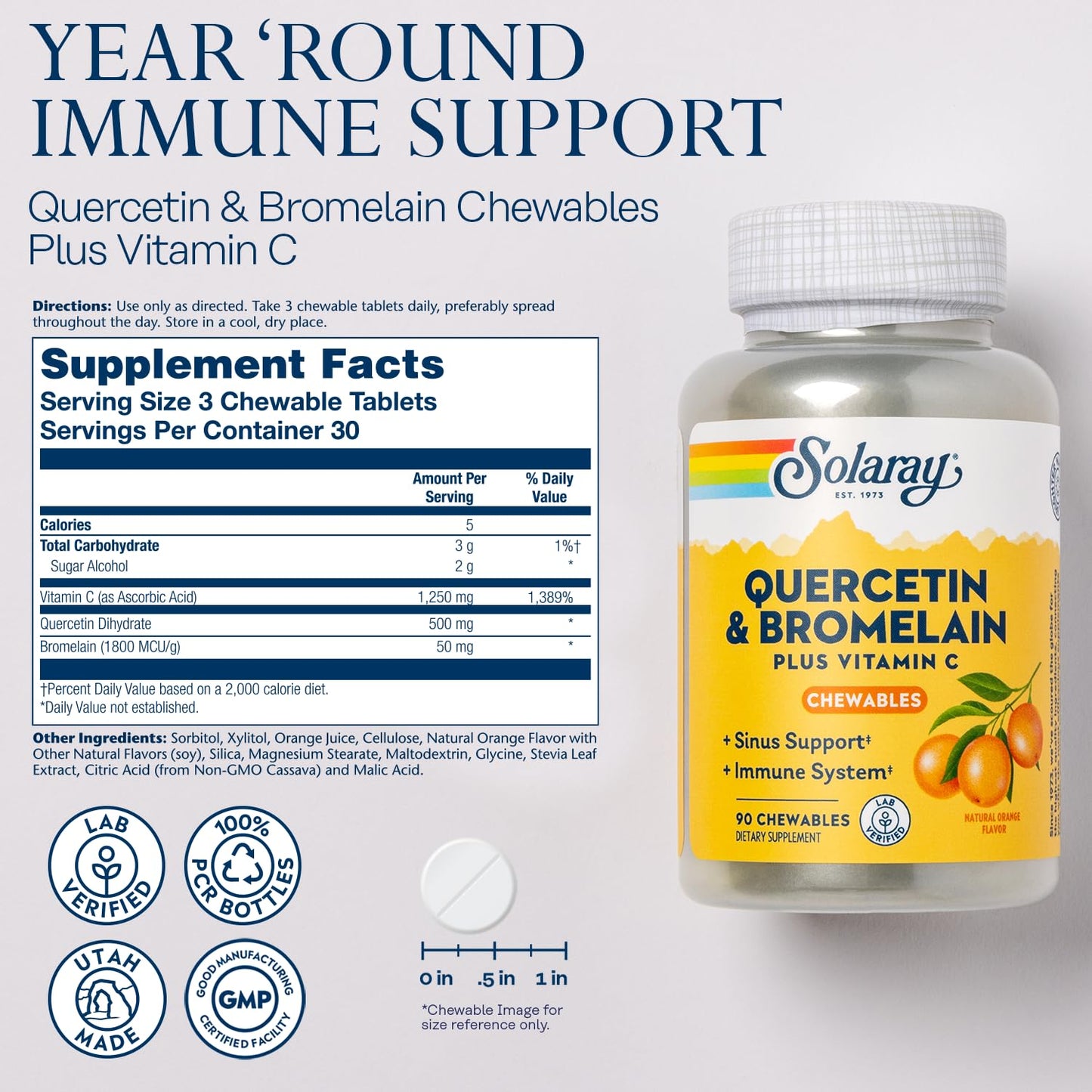 SOLARAY Quercetin with Bromelain & Vitamin C Chewables - Immune Support & Heart Health (90ct, 1250mg Vitamin C, Orange Flavor, 60-Day Guarantee)