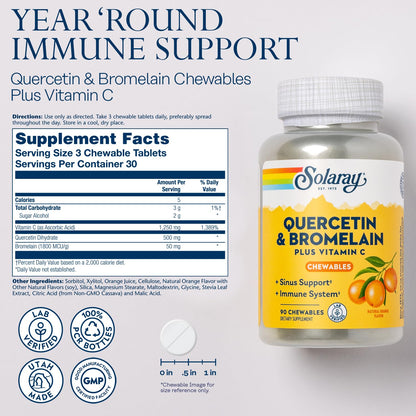 SOLARAY Quercetin with Bromelain & Vitamin C Chewables - Immune Support & Heart Health (90ct, 1250mg Vitamin C, Orange Flavor, 60-Day Guarantee)