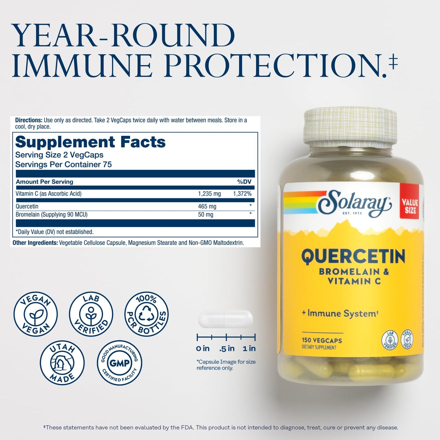 SOLARAY Quercetin Bromelain & Vitamin C – Immune Support, Antioxidant Activity, Vegan, 75 Servings, 60 Day Guarantee