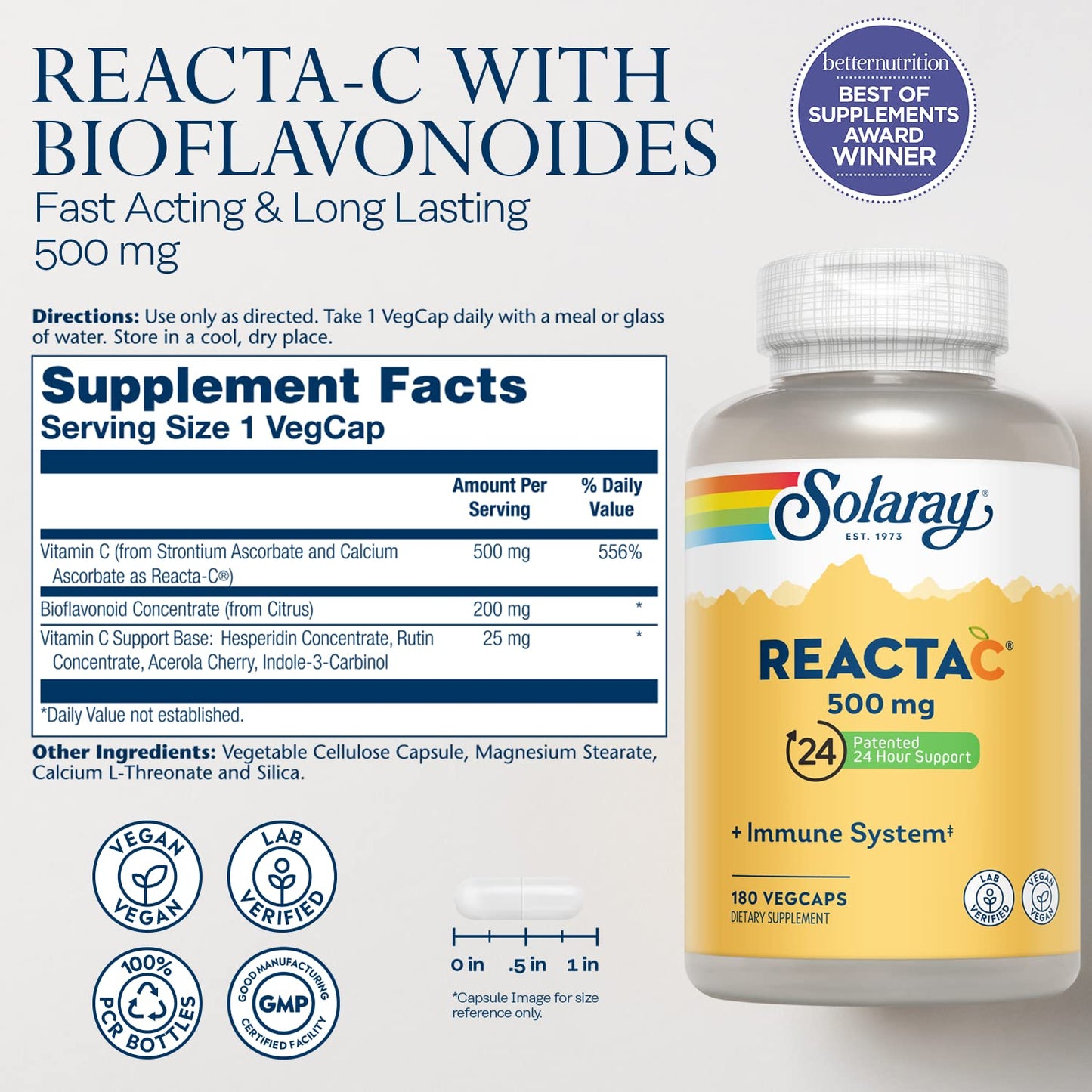 Solaray Reacta-C Vitamin C 500mg with Bioflavonoids - 180 Vegan Capsules