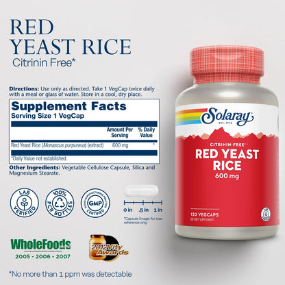 SOLARAY Red Yeast Rice 600mg – Non-Irradiated, Citrinin Free, 120 VegCaps