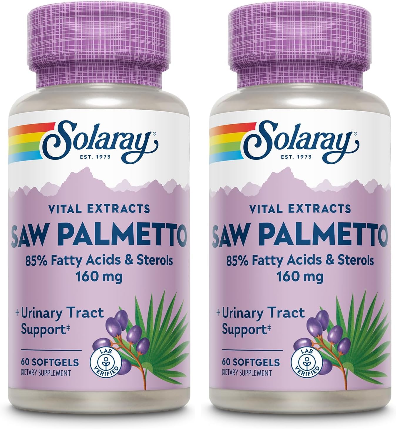 SOLARAY Saw Palmetto Extract – Prostate & Urinary Support, 136 mg Fatty Acids & Sterols, Lab Verified, Pack of 2 (60 Servings)