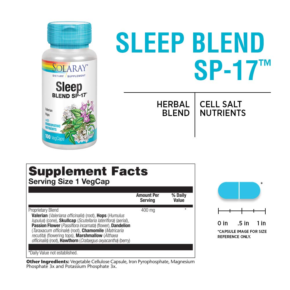 SOLARAY Sleep Blend SP-17 | Herbal Sleep Support, Non-GMO, Vegan | 100 VegCaps