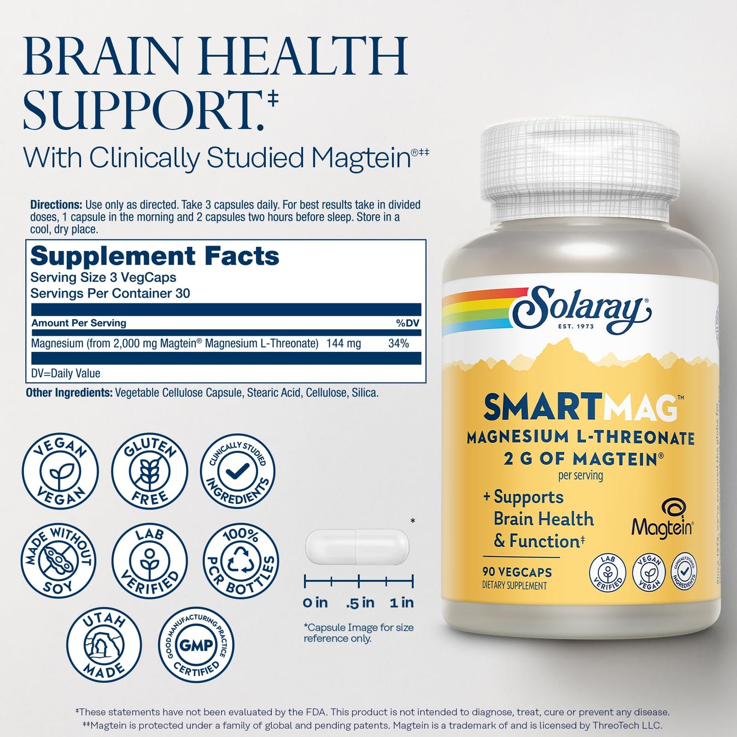 SOLARAY SmartMag Magtein Magnesium L-Threonate 2g – Brain Health Support, 30 Servings – Vegan