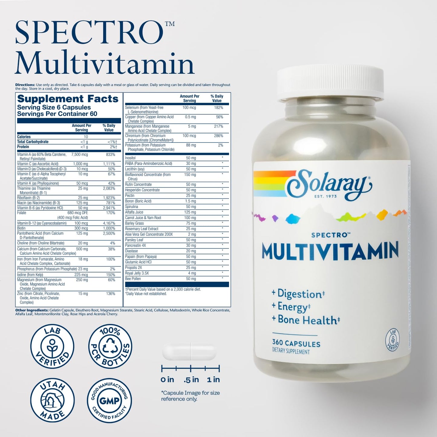 SOLARAY Spectro Multivitamin with Iron – Energy, Digestion & Bone Health (60 Servings, 360 Capsules)