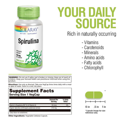 SOLARAY Spirulina 410mg – Algae Superfood for Energy, Vitality & Overall Health | 100ct, 100 Serv.