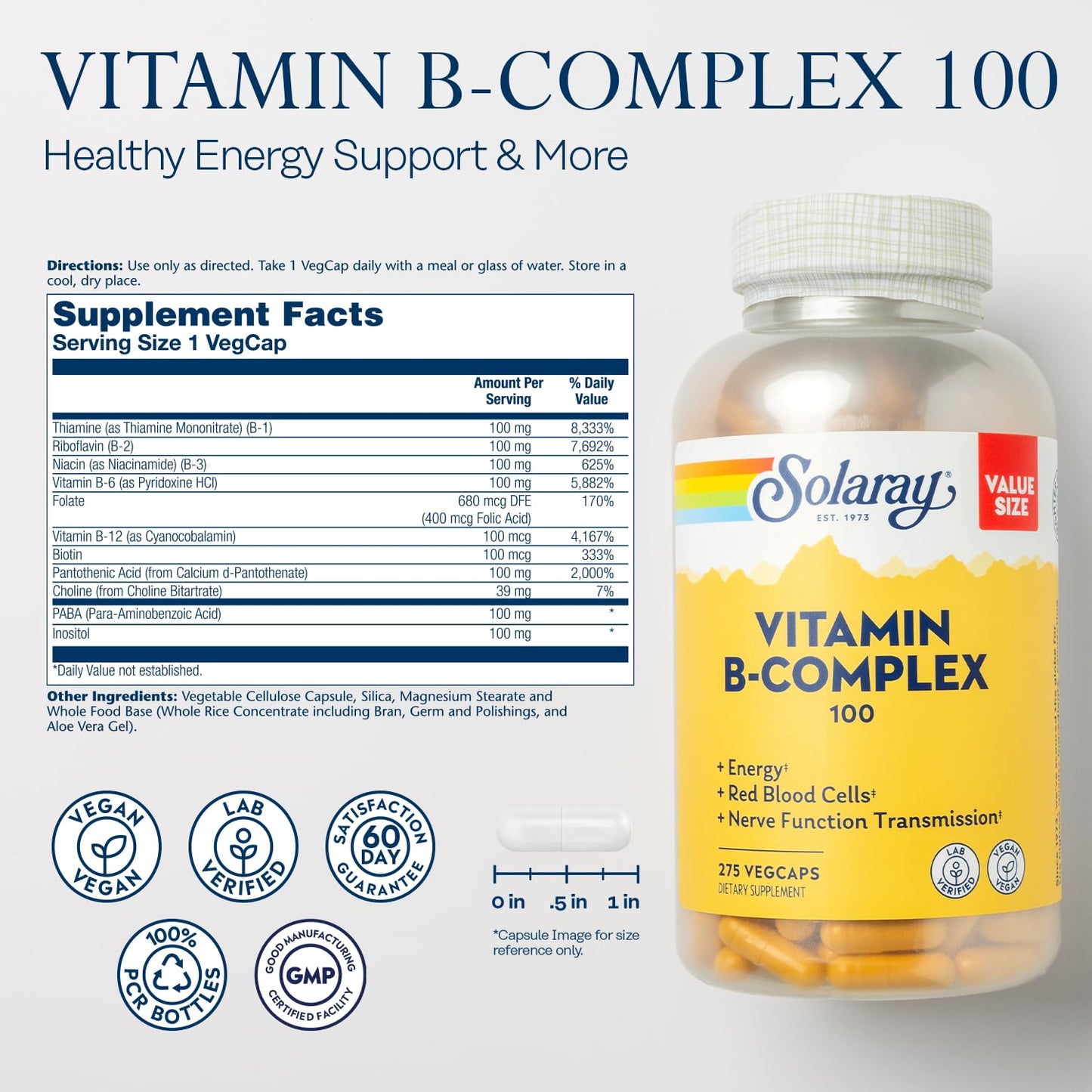 SOLARAY Vitamin B Complex 100 mg, 275 VegCaps | Energy, Immune & Nerve Support | Vegan