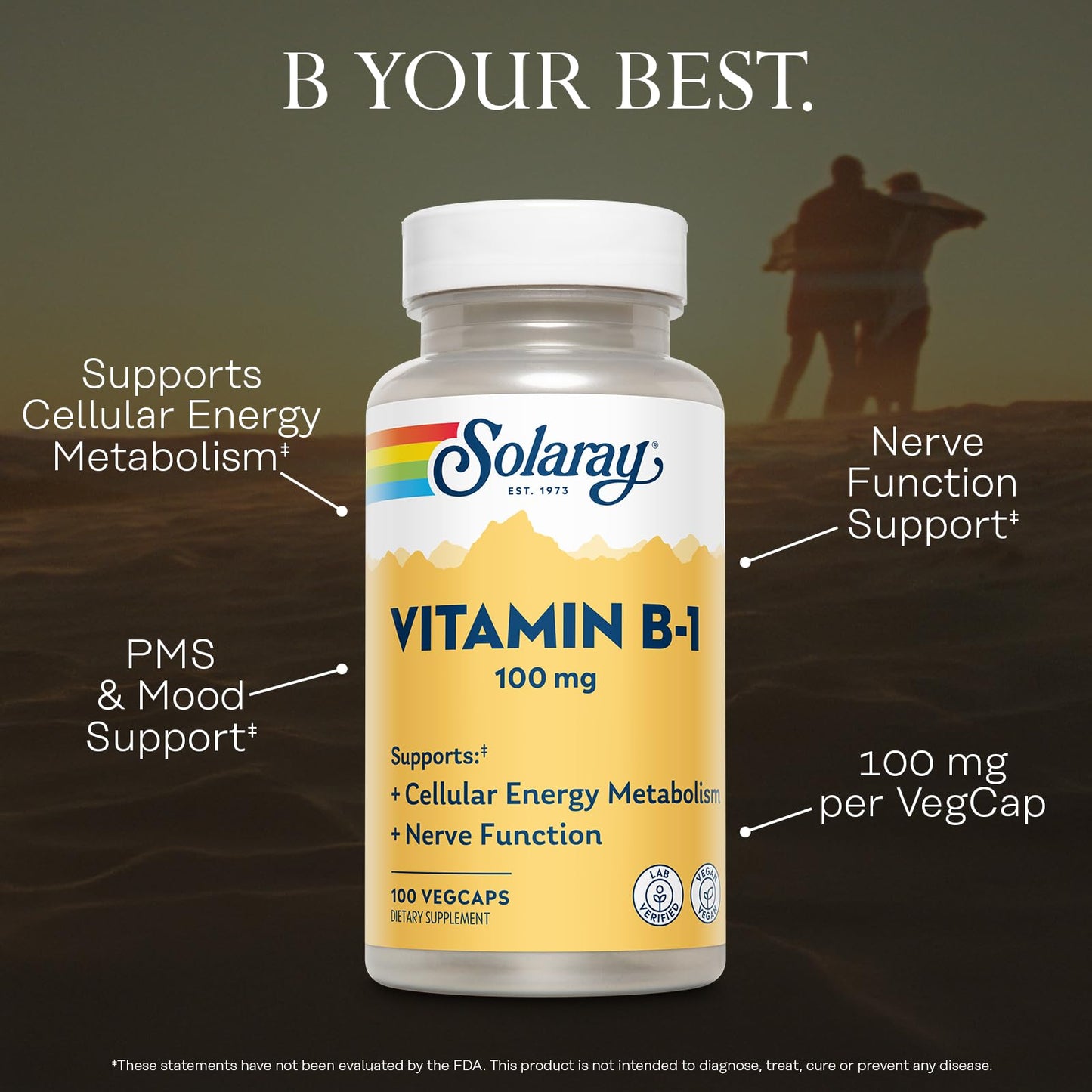 SOLARAY Vitamin B1 100mg (Thiamine) – Cellular Energy & Nervous System Support | Vegan | 100 Servings