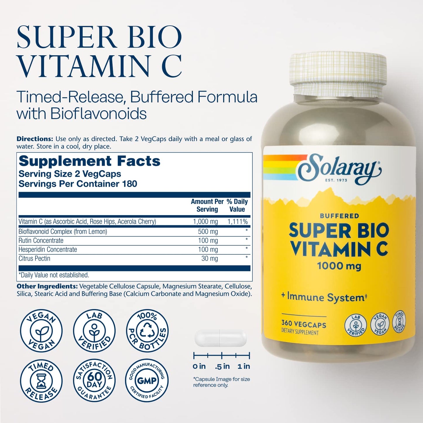 SOLARAY Vitamin C 1000 mg – Buffered, Timed-Release, Bioflavonoids | Vegan Immune Support