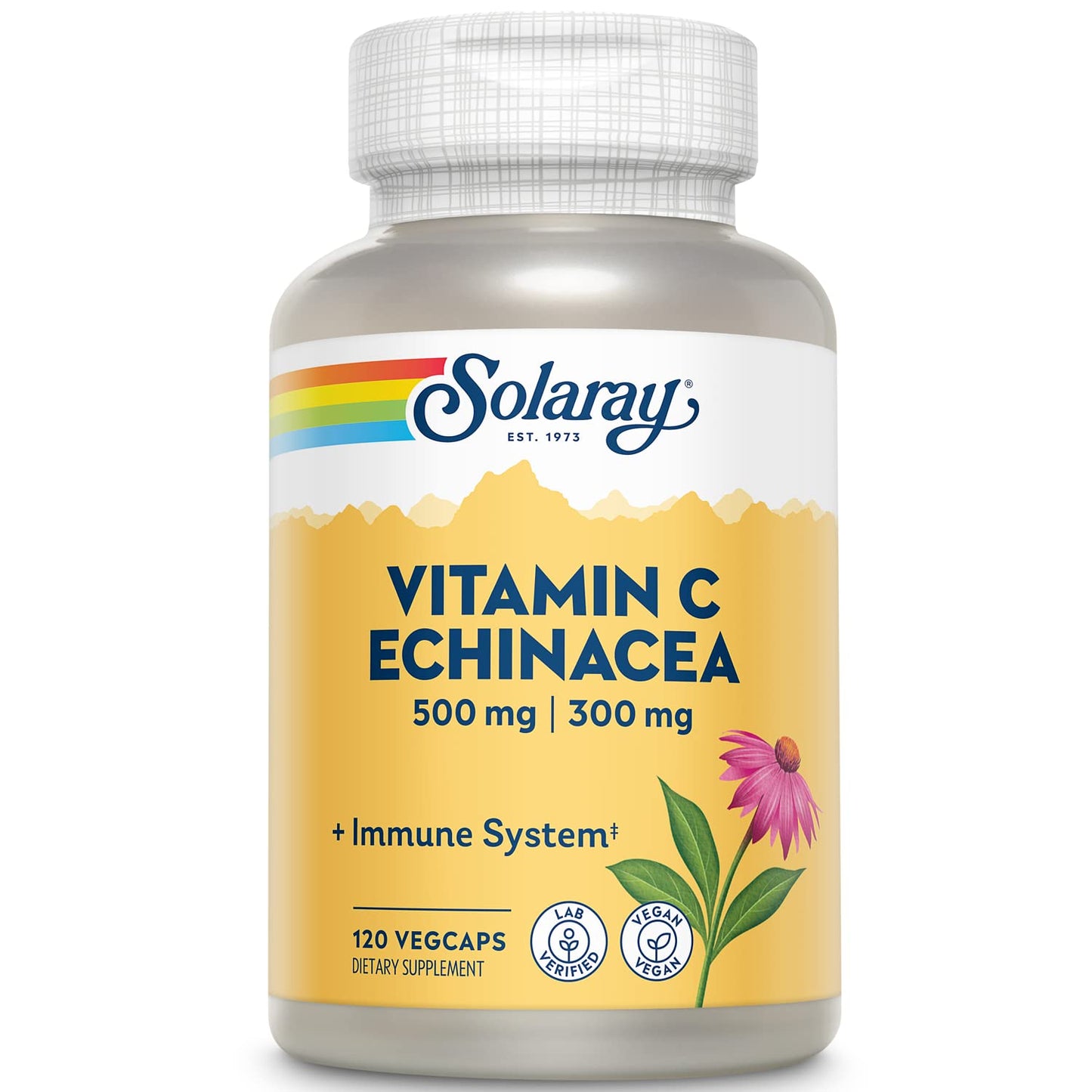 SOLARAY Vitamin C & Echinacea Root – Immune Support, 500 mg Vitamin C & 300 mg Echinacea per Capsule, 120 VegCaps, Non-GMO & Vegan