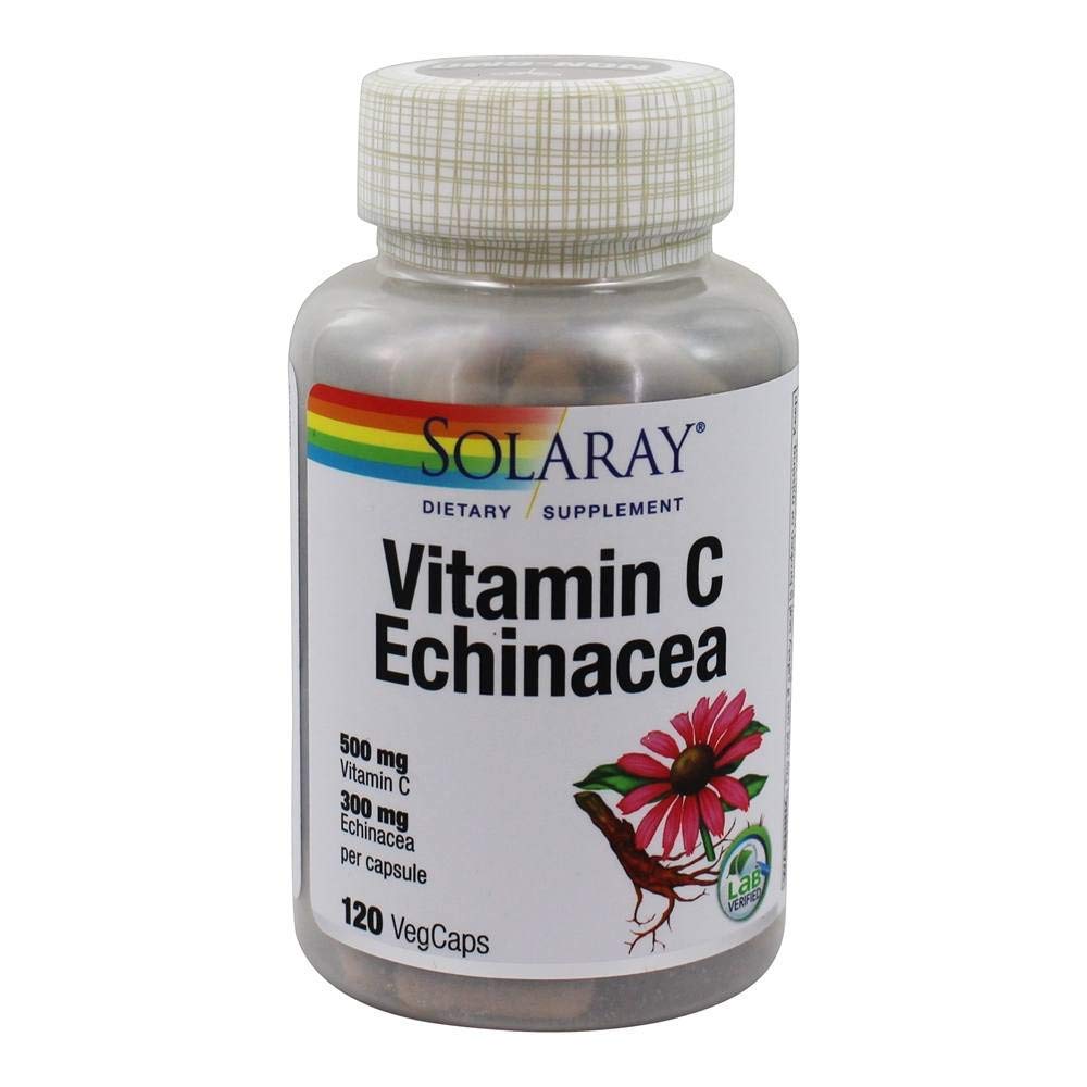 SOLARAY Vitamin C & Echinacea Root – Immune Support, 500 mg Vitamin C & 300 mg Echinacea per Capsule, 120 VegCaps, Non-GMO & Vegan
