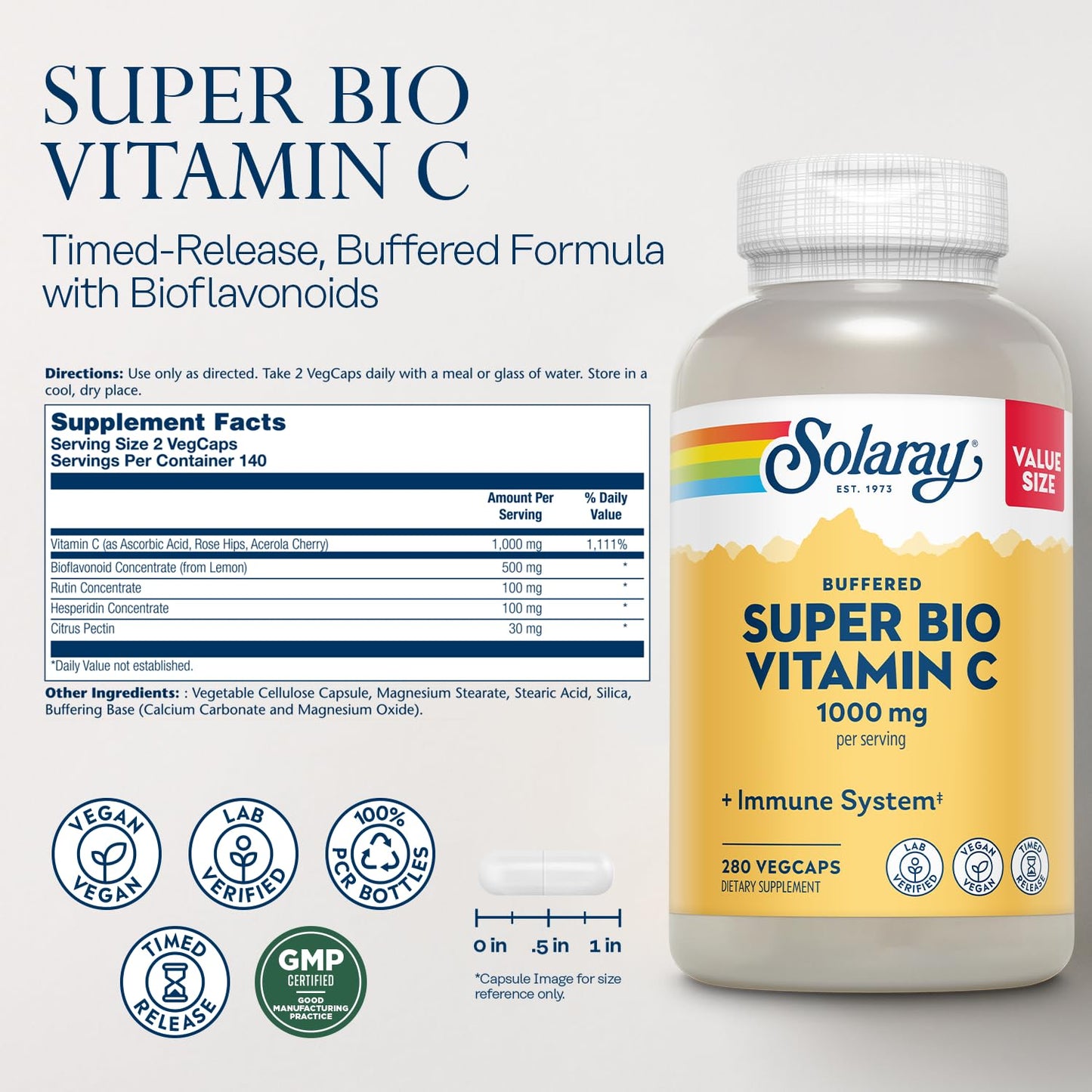 Solaray Vitamin C 1000mg - Two-Stage Timed Release with Bioflavonoids, Vegan