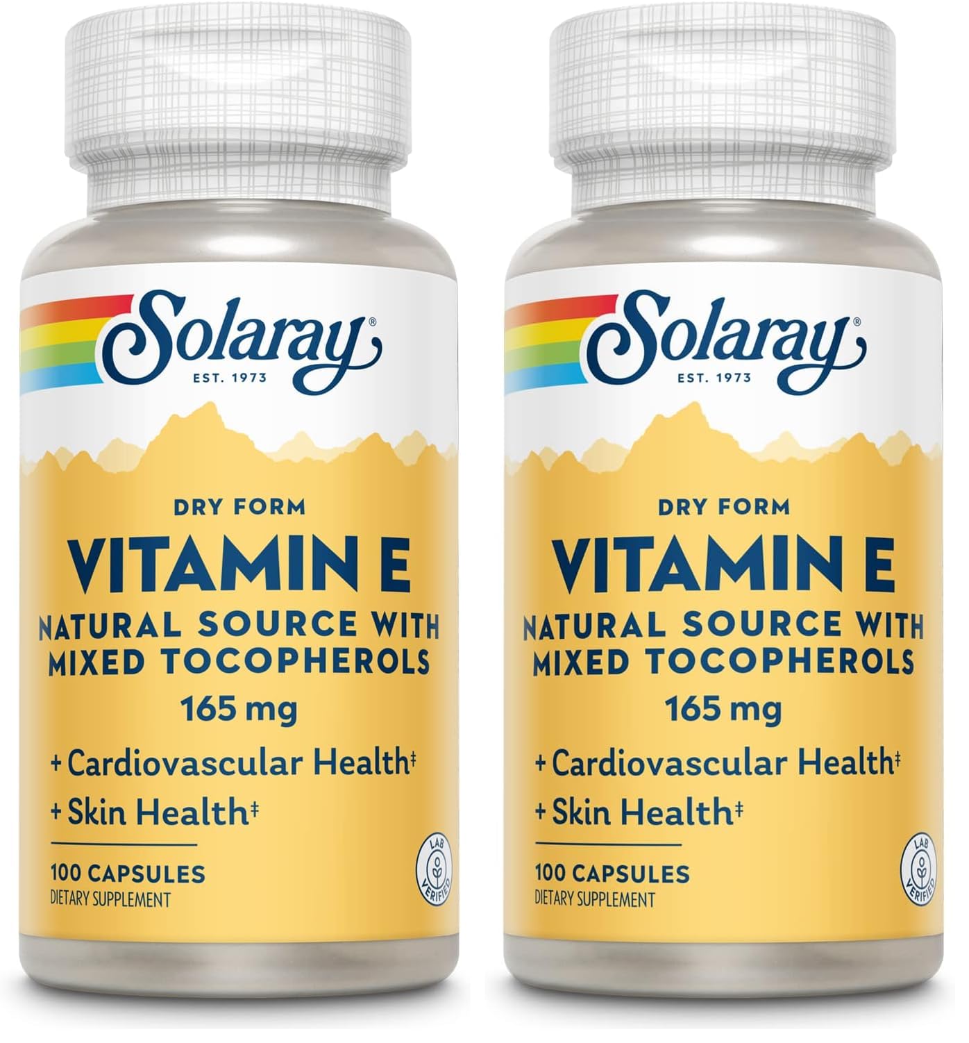 SOLARAY Vitamin E, Dry 200 IU w/Mixed Tocopherols | Healthy Cardiac Function & Skin Health Support | 100ct (Pack of 2)