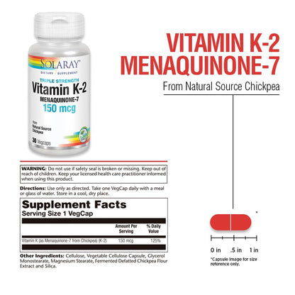 Solaray Vitamin K-2 MK-7 150 mcg Triple Strength | Heart & Bone Health | 30 ct