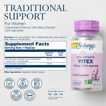 SOLARAY Vitex Berry Extract 225 mg – Chasteberry Supplement for Women | Hormone Balance, Vegan, Lab Verified | 60 Servings