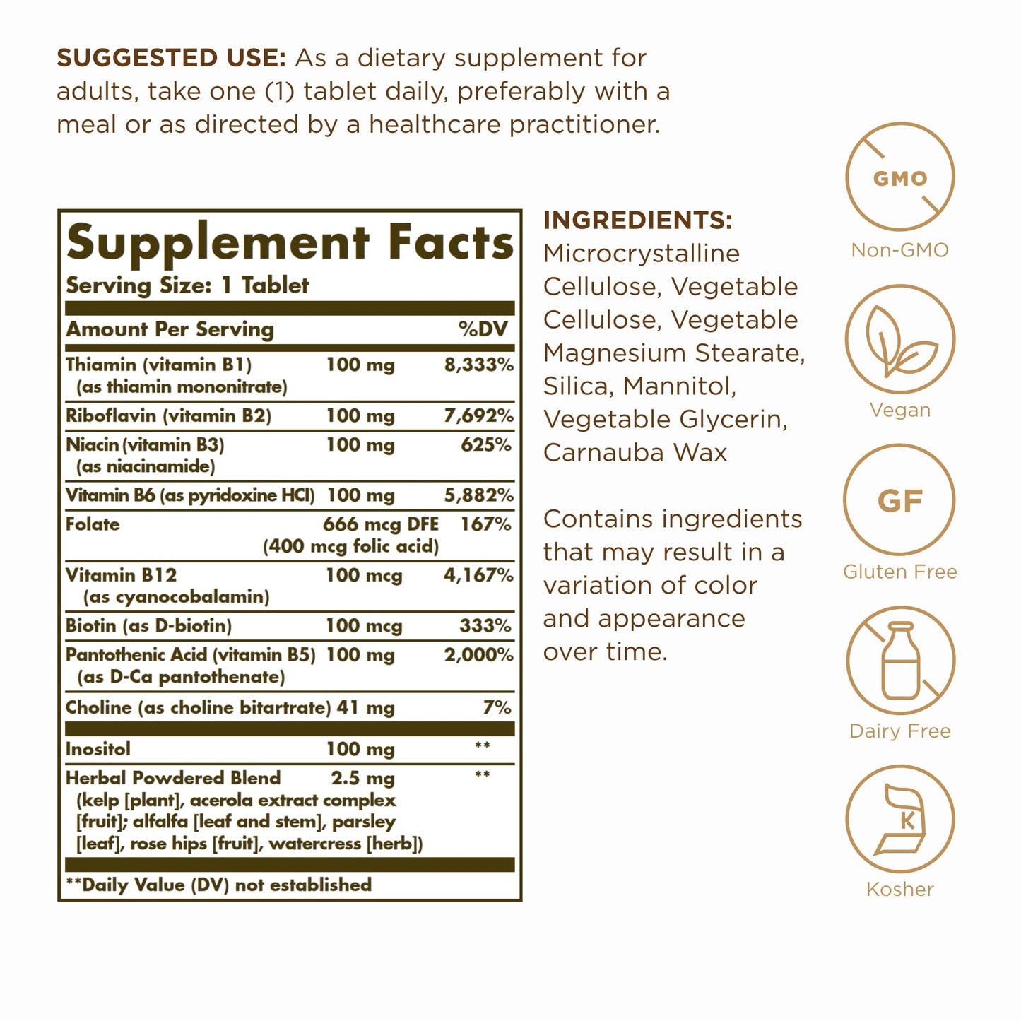 Solgar B-Complex 100 | 250 Tablets for Energy Metabolism, Heart & Nerve Support | Vegan, Non-GMO, Gluten Free