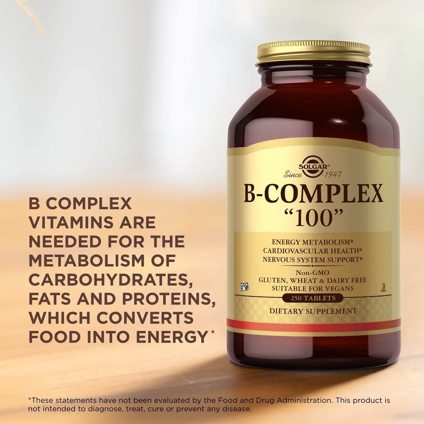 Solgar B-Complex 100 | 250 Tablets for Energy Metabolism, Heart & Nerve Support | Vegan, Non-GMO, Gluten Free