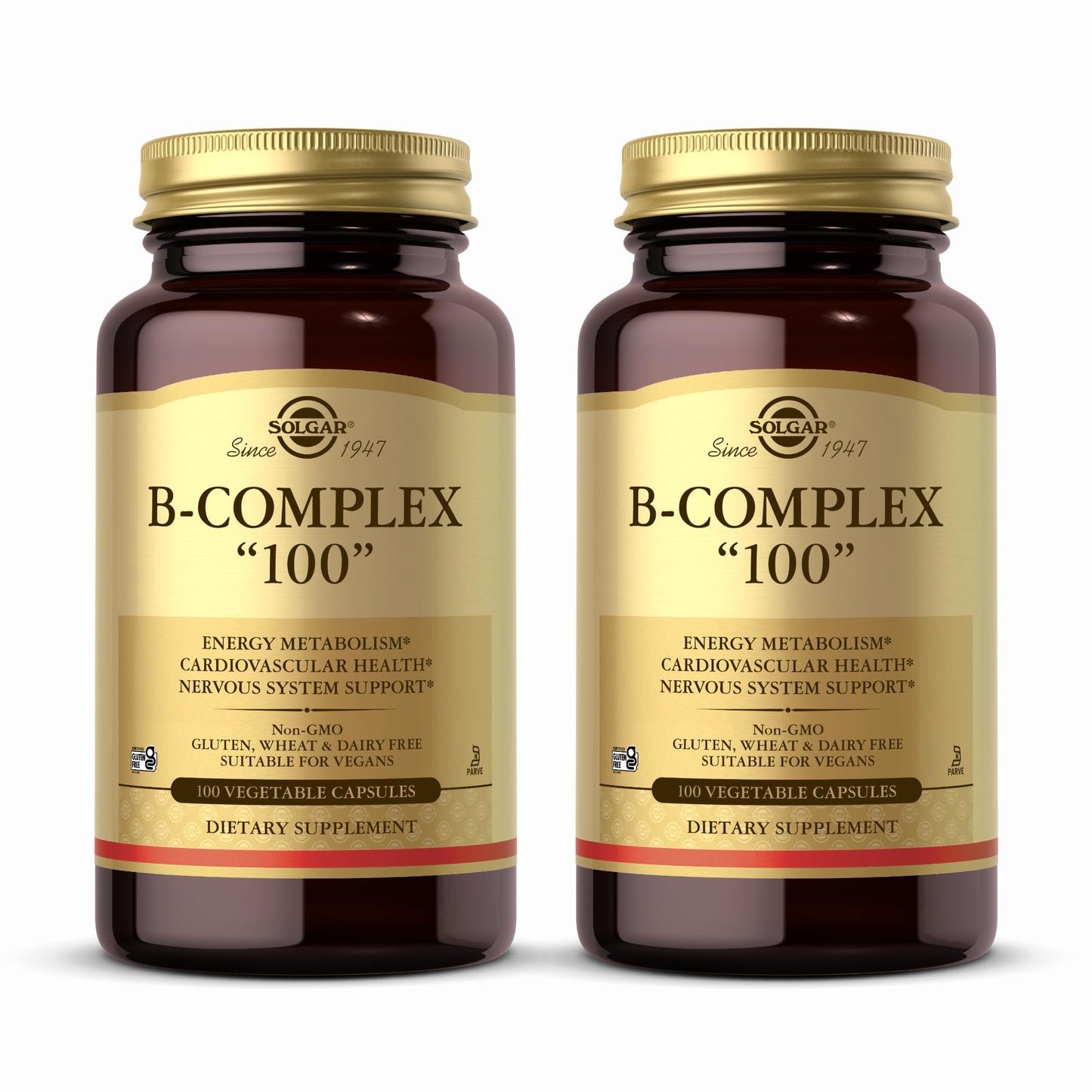Solgar B-Complex 100 — 200 Total Servings (2x100 Veggie Capsules) for Energy Metabolism, Nervous System & Cardiovascular Support | Non-GMO, Vegan, Gluten Free