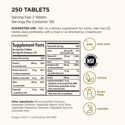 Solgar B-Complex with Vitamin C Stress Formula - 250 Tablets | Energy Metabolism, Nervous System & Immune Support