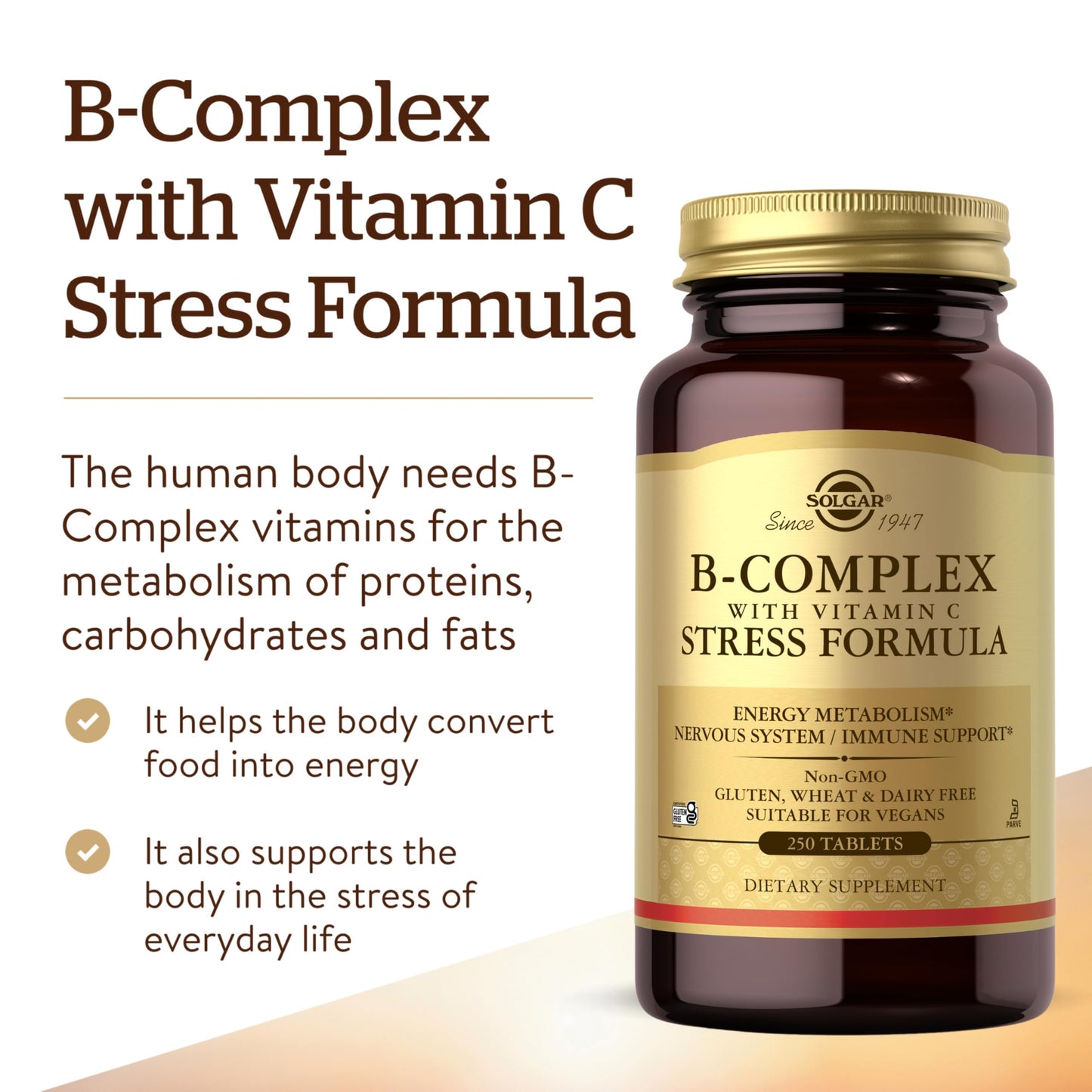 Solgar B-Complex with Vitamin C Stress Formula - 250 Tablets | Energy Metabolism, Nervous System & Immune Support