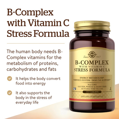 Solgar B-Complex with Vitamin C Stress Formula - 250 Tablets | Energy Metabolism, Nervous System & Immune Support