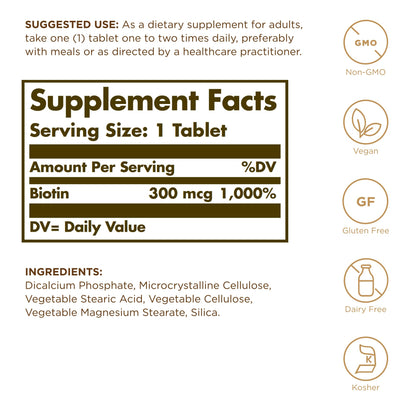 Solgar Biotin 300 mcg - 100 Tablets - Supports Skin, Nails & Hair - Non-GMO, Vegan, Gluten Free, Dairy Free, Kosher - 100 Servings
