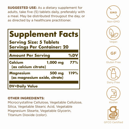 Solgar Calcium Magnesium Citrate – 100 Tablets Pack of 2 – Non-GMO, Vegan, Gluten Free, Kosher | 40 Servings