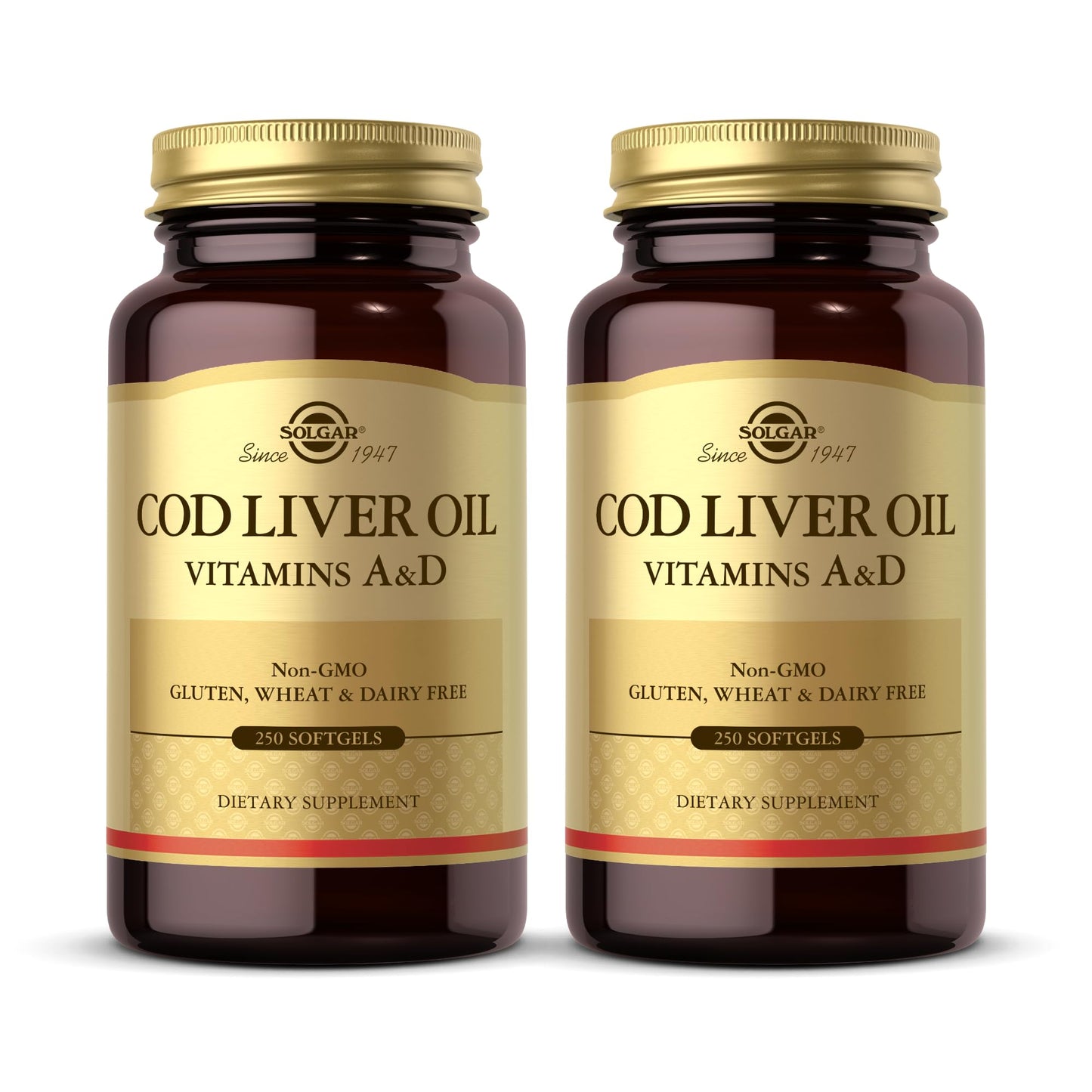 Solgar Cod Liver Oil - 250 Softgels (Pack of 2) | Vitamins A & D | Non-GMO, Gluten Free