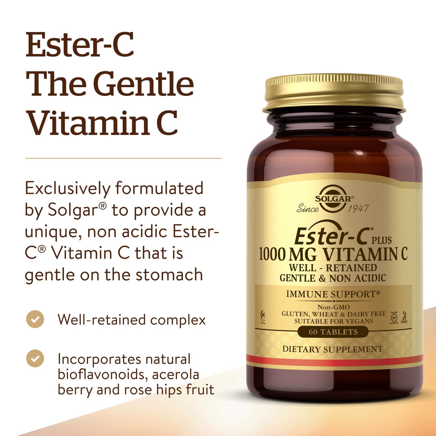 Solgar Ester-C Plus 1000 mg Vitamin C – 60 Tablets | Gentle on Stomach, Immune Support