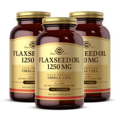 Solgar Flaxseed Oil 1250 mg - 100 Softgels, 3-Pack | Omega-3 ALA | Non-GMO, Gluten Free