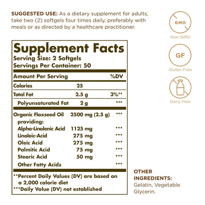 Solgar Flaxseed Oil 1250 mg – 100 Softgels | Organic Cold-Pressed Omega-3 | Supports Heart, Immune & Skin Health | Non-GMO, Gluten Free, Dairy Free | 50 Servings