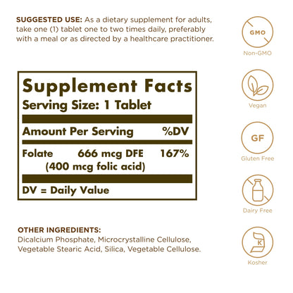 Solgar Folate 666 mcg DFE (Folic Acid 400 mcg) – 250 Tablets × 2 (500 Servings) | Prenatal Support, Non-GMO, Vegan, Gluten Free