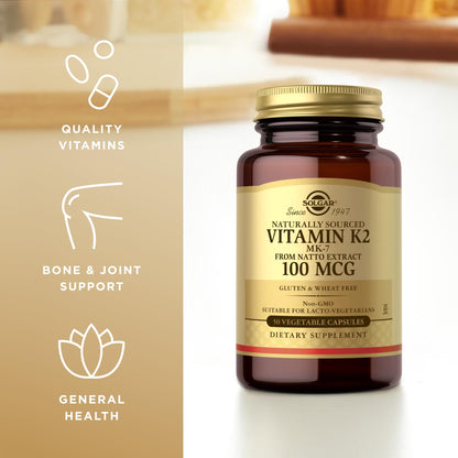 Solgar Vitamin K2 MK-7 100 mcg – Natto Whole-Food Source, 50 Vegetable Capsules x4 (200 Servings) – Non-GMO, Gluten Free