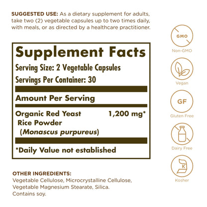 Solgar Red Yeast Rice 600 mg – 60 Veg Capsules – Non-GMO, Vegan, Gluten Free, Dairy Free, Kosher