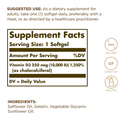 Solgar Vitamin D3 10,000 IU Softgels – 120 Count, 3 Pack | Bone, Muscle & Immune Support