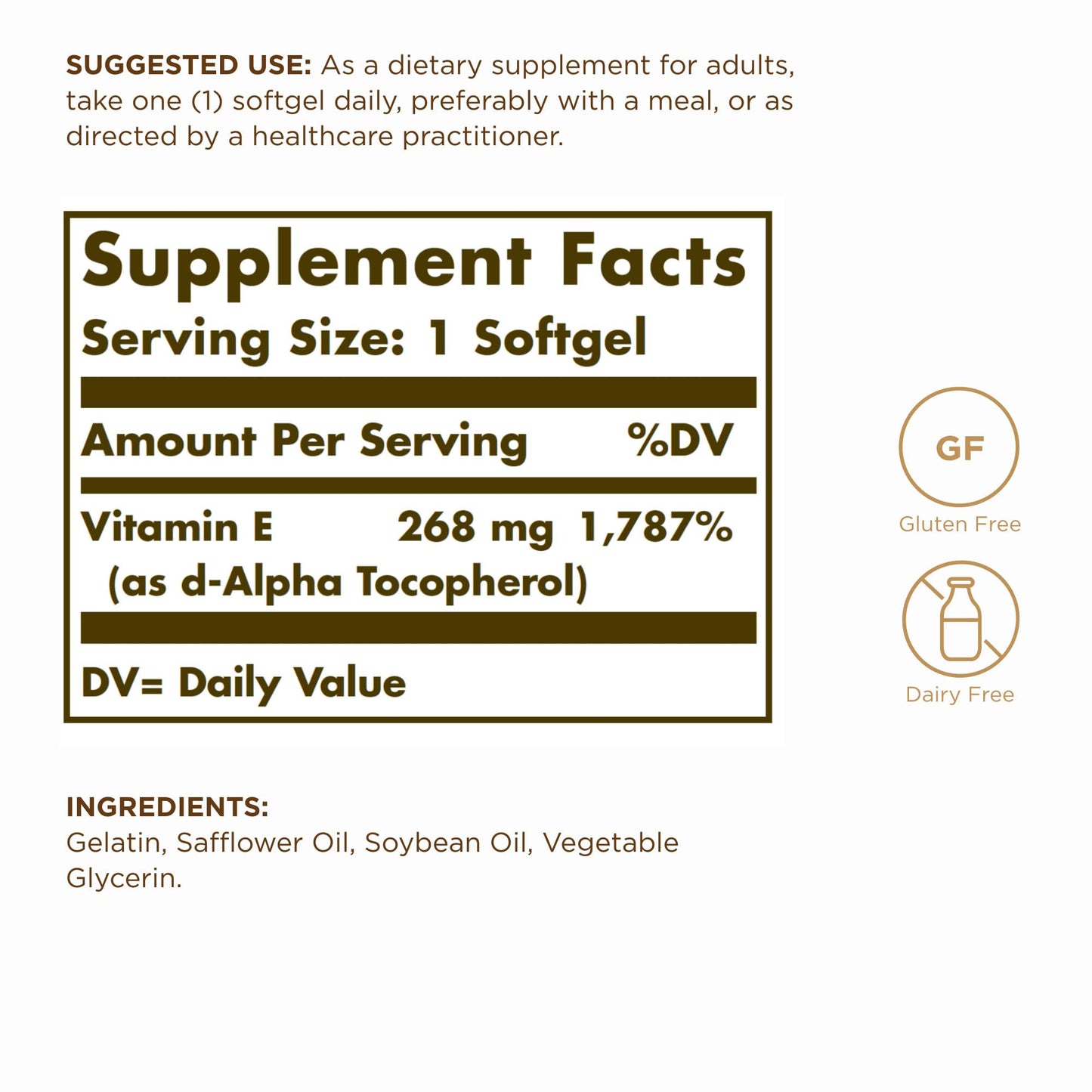 Solgar Vitamin E 268 mg (400 IU) - 100 Softgels - Naturally-Sourced Vitamin E (d-Alpha Tocopherol) - Gluten Free & Dairy Free