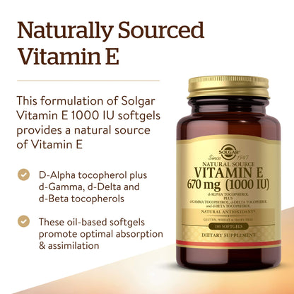 Solgar Vitamin E 670 mg (1000 IU) – 180 Softgels | Natural Antioxidant for Skin & Immune Support