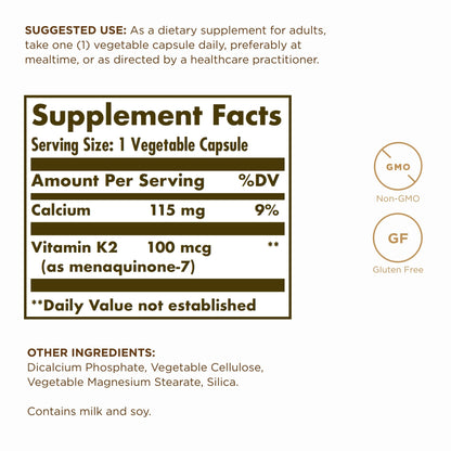 Solgar Vitamin K2 MK-7 100 mcg – 100 Servings (2 x 50 Veg Capsules) – Natto Whole Food, Gluten Free, Non-GMO