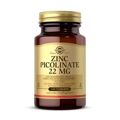 Solgar Zinc Picolinate 22 mg - 100 Tablets | Immune Support & Healthy Skin | Vegan