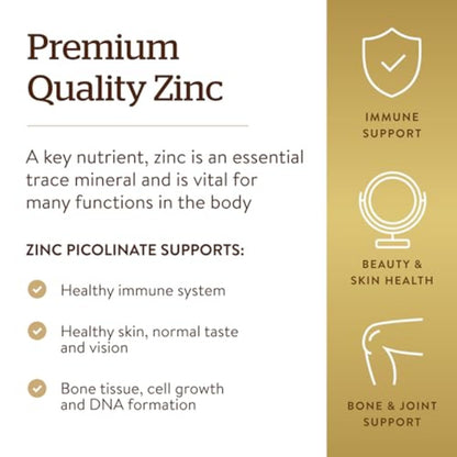 Solgar Zinc Picolinate 22 mg - 100 Tablets | Immune Support & Healthy Skin | Vegan