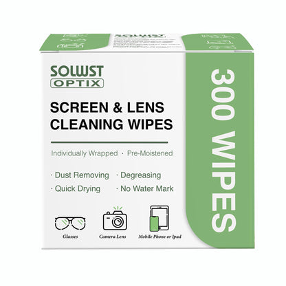 SOLWST Optix Lens Cleaning Wipes – 300 Pre-Moistened, Individually Wrapped for Glasses, Lenses & Screens