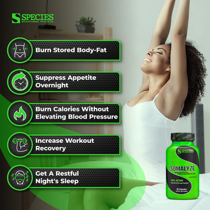 Somalyze Stimulant-Free Nighttime Appetite Suppressant | GABA & Melatonin | Gluten Free, 90 Capsules | Species Nutrition