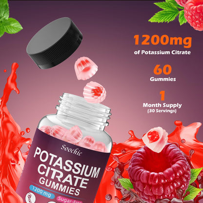 Soochic Potassium Citrate Gummies - 1200mg Potassium Chewables (60 Count) - Vegan, Gluten Free, Sugar Free - Raspberry