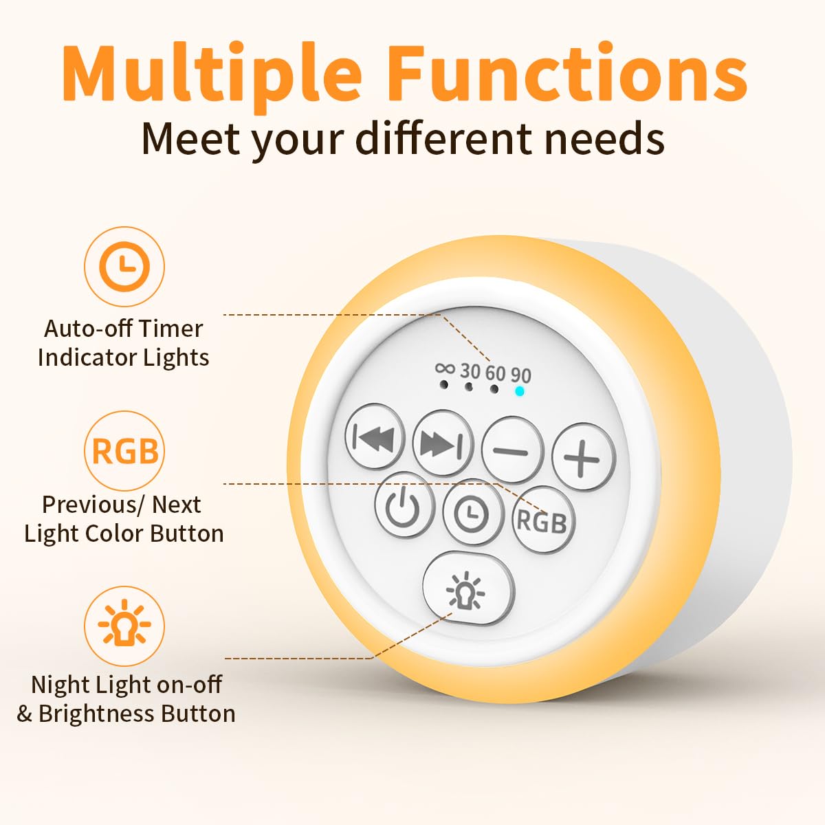 Soothing Sounds White Noise Machine — 30 Sounds, 12 Color Lights, 5 Brightness Levels, 32 Volume Levels, 4 Timers