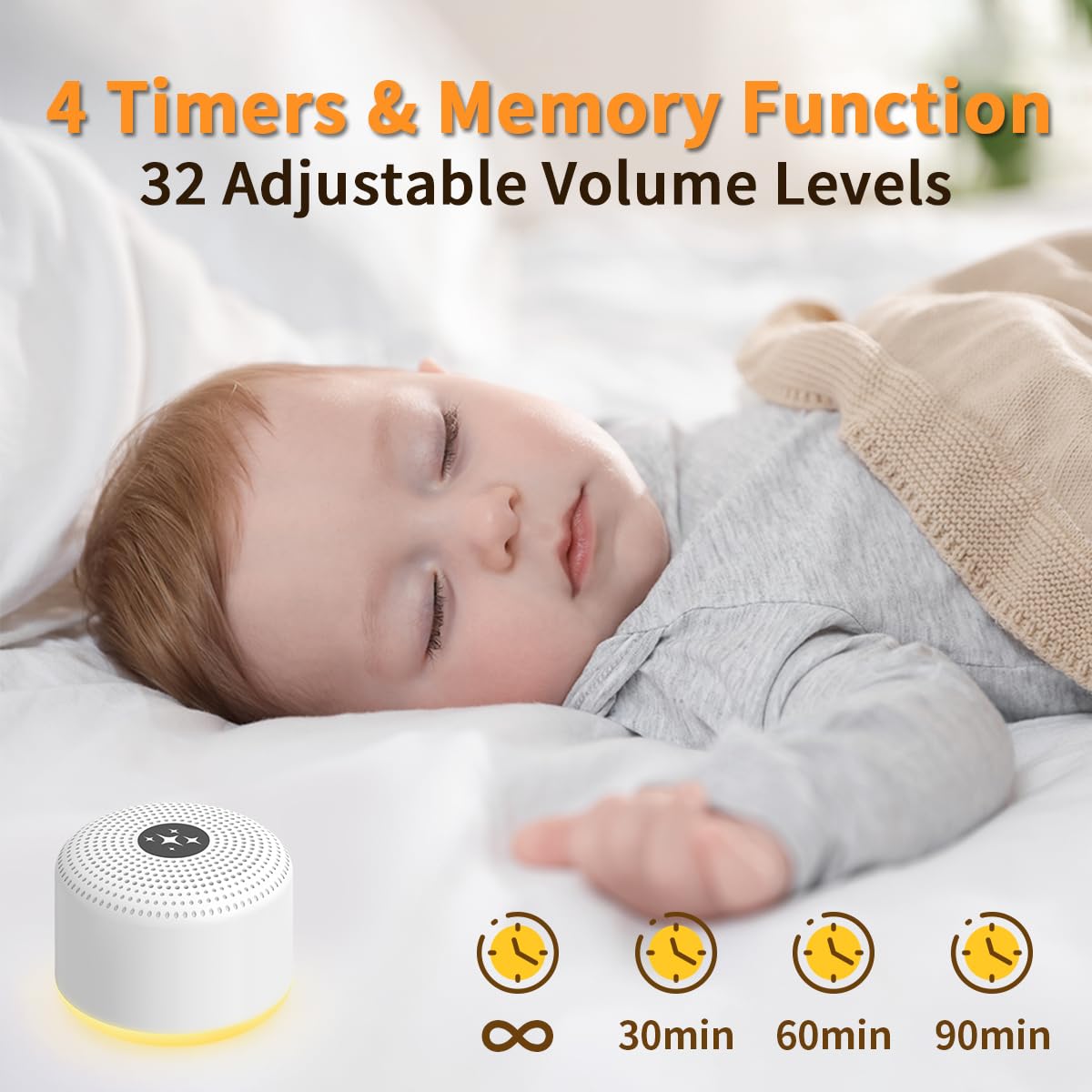 Soothing Sounds White Noise Machine — 30 Sounds, 12 Color Lights, 5 Brightness Levels, 32 Volume Levels, 4 Timers