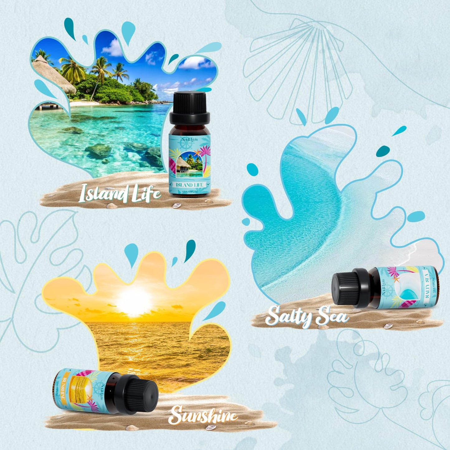 Soulorigin Beach Fragrance Oils Set – Essential Oil Gift for Diffuser (Ocean Spray, Pink Sands, Salty Sea, Pina Colada, Island Life, Sunshine)